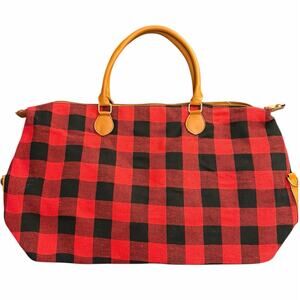 Checkered Plaid Duffel Bag Red Black Faux Leather Bottom Handle Lined Pockets